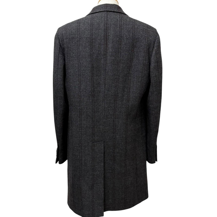 美品□Salvatore Ferragamo サルヴァトーレフェラガモ ウール100％ ストライプ柄 チェスターコート チャコール 52 イタリア製 正規品