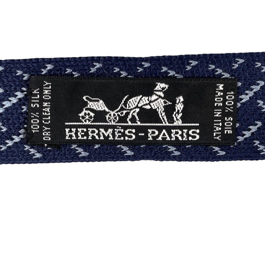 極美品▲HERMES エルメス シルク100％ ボーダー クロス柄 リバーシブル ニットタイ ネクタイ ネイビー イタリア製 メンズ