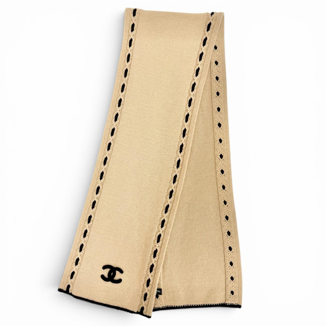 極美品△CHANEL シャネル 25A AAB111 B20763 カシミヤ100％ ココマーク ロング マフラー ベージュ ブラック イギリス製 レディース