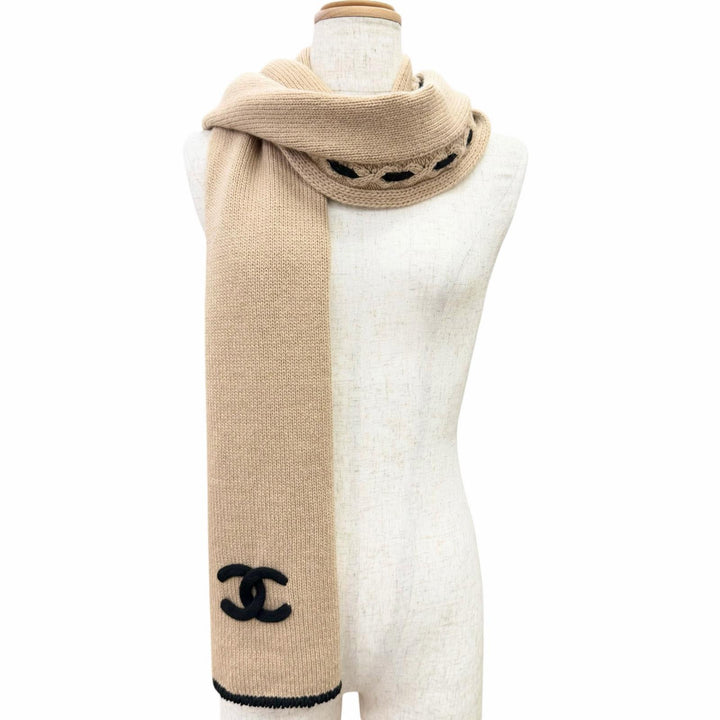 極美品△CHANEL シャネル 25A AAB111 B20763 カシミヤ100％ ココマーク ロング マフラー ベージュ ブラック イギリス製 レディース