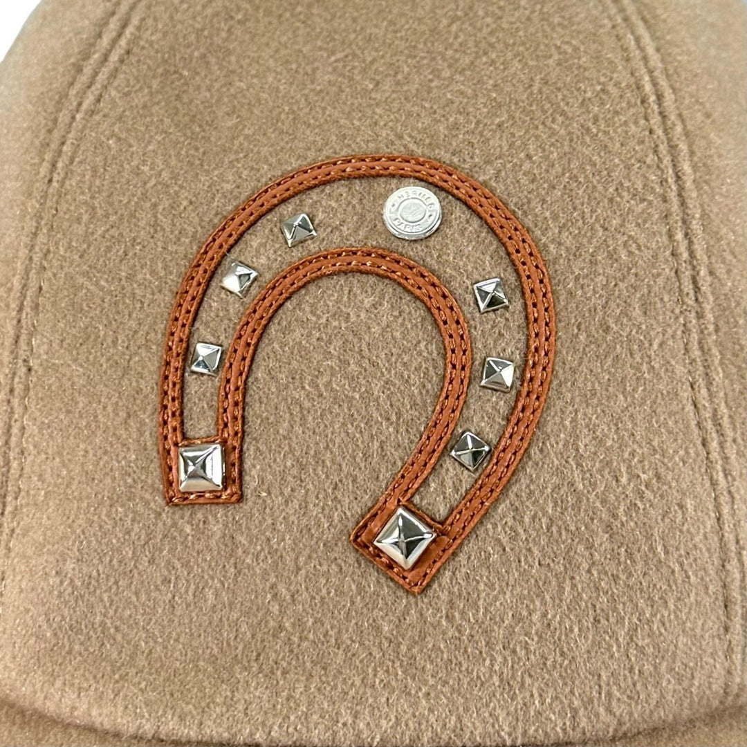 極美品▲HERMES エルメス デイヴィス・ラッキー カシミヤ100％ ホースシュー キャップ キャメル 57 仏製 正規品 レディース 箱・保存袋付