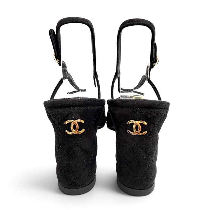 美品△CHANEL シャネル G46328 スウェードレザー ココマーク アンクルストラップ オープントゥ サンダル ブラック 36.5 伊製 箱・袋付き