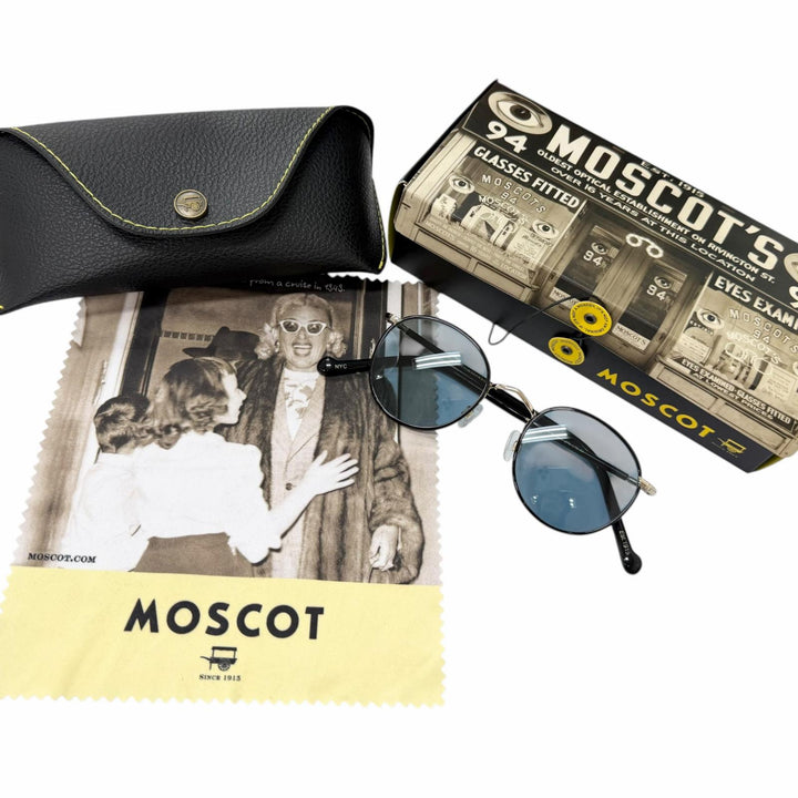 美品□MOSCOT モスコット ZEV/ゼヴ ボストンフレーム サングラス アイウェア ブラック ブルーレンズ 46□21-145 メンズ 箱・ケース付き