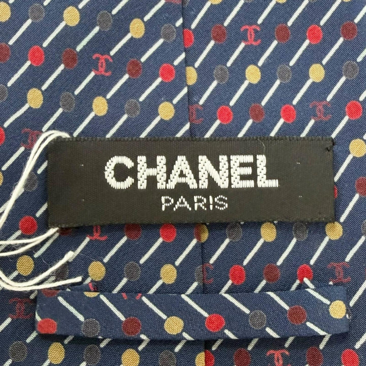 未使用品□CHANEL シャネル シルク100％ ココマーク ドット レジメンタルストライプ レギュラータイ ネクタイ ネイビー イタリア製