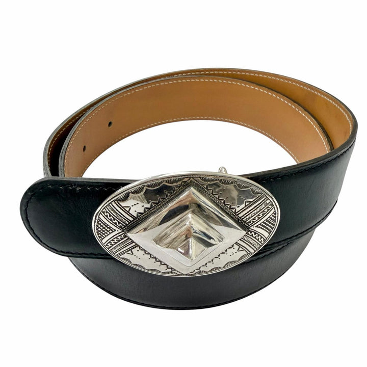 美品□HERMES エルメス SV925 Toareg トゥアレグ シルバーバックル レザーベルト ブラック 75 〇Z刻印入り フランス製 総重量137g メンズ