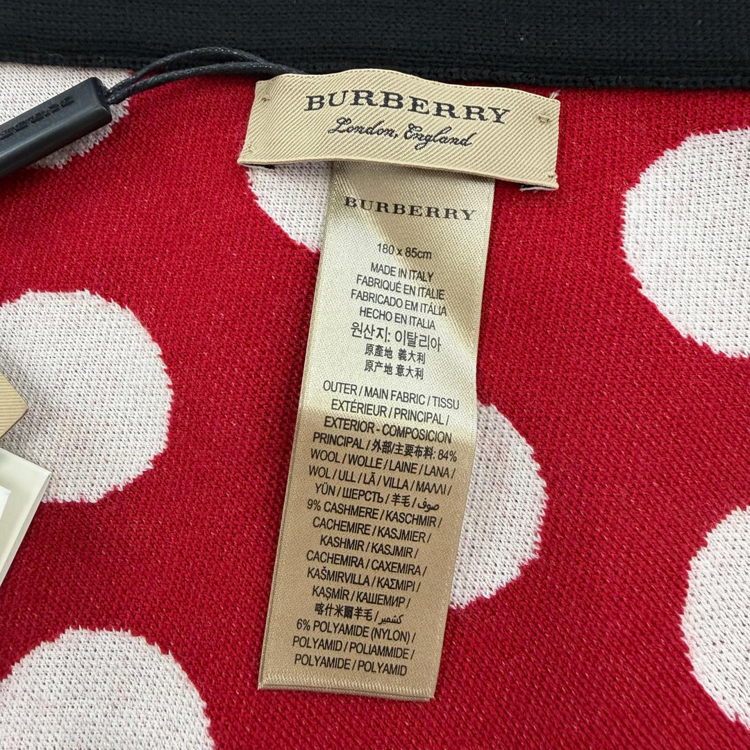 未使用品☆BURBERRY バーバリー ウール カシミヤ ドット柄 トライアングル 大判 ショール ホワイト レッド 180×85cm イタリア製 正規品