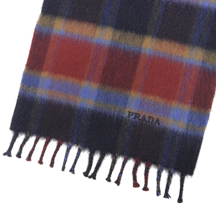 極美品▲PRADA プラダ 2020年製 カシミヤ100% チェック柄 ロゴ刺繍 フリンジ付 マフラー マルチ TU 1600×200mm イタリア製 正規品 メンズ