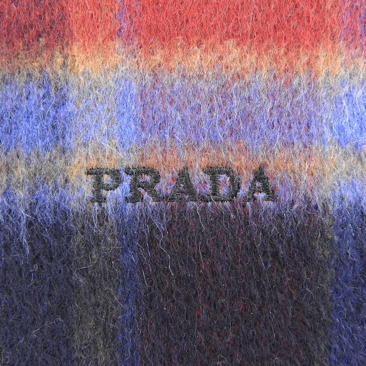 極美品▲PRADA プラダ 2020年製 カシミヤ100% チェック柄 ロゴ刺繍 フリンジ付 マフラー マルチ TU 1600×200mm イタリア製 正規品 メンズ