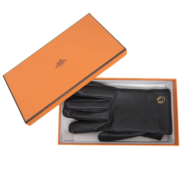 美品▲HERMES エルメス ジャンプF ラムスキン カシミヤ100％ セリエボタン ホースショー グローブ 手袋 黒 7.5 定価195800円 箱付き