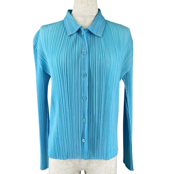 極美品▲PLEATS PLEASE プリーツプリーズ イッセイミヤケ PP21-JJ405 ブラウス 長袖シャツ スカイブルー 3 日本製 正規品 レディース