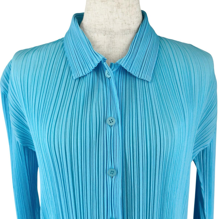 極美品▲PLEATS PLEASE プリーツプリーズ イッセイミヤケ PP21-JJ405 ブラウス 長袖シャツ スカイブルー 3 日本製 正規品 レディース