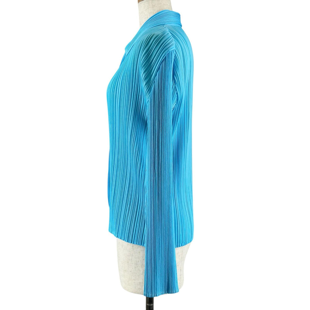 極美品▲PLEATS PLEASE プリーツプリーズ イッセイミヤケ PP21-JJ405 ブラウス 長袖シャツ スカイブルー 3 日本製 正規品 レディース