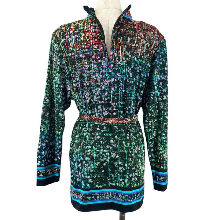 極美品▲LEONARD FASHION レオナール ファッション ウール シルク混 ベルト付き 総柄 ハイネック ワンピース L 日本製 正規品 ハンガー付き