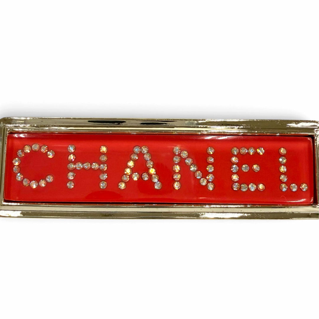 美品★CHANEL シャネル D21K ロゴデザイン ラインストーン バレッタ ヘアアクセサリー オレンジ系 ゴールド金具 フランス製 レディース
