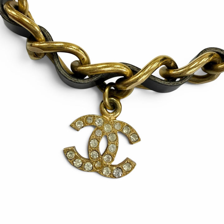 美品☆CHANEL シャネル ヴィンテージ 96P レザー使 ココマーク ラインストーン チェーンベルト チョーカー ネックレス ゴールド ブラック