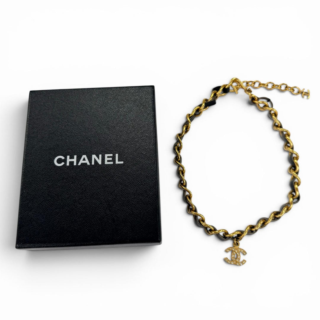 美品☆CHANEL シャネル ヴィンテージ 96P レザー使 ココマーク ラインストーン チェーンベルト チョーカー ネックレス ゴールド ブラック