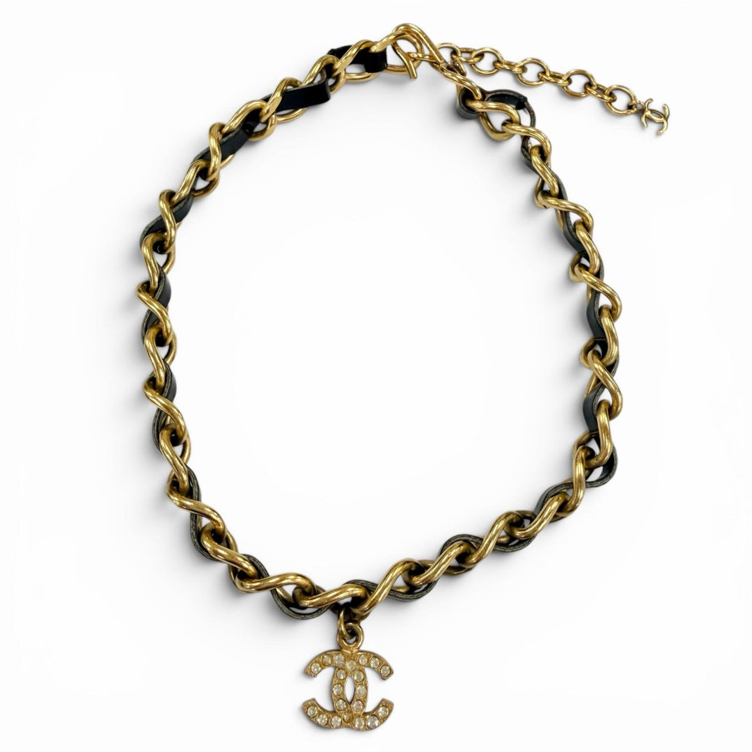 美品☆CHANEL シャネル ヴィンテージ 96P レザー使 ココマーク ラインストーン チェーンベルト チョーカー ネックレス ゴールド ブラック