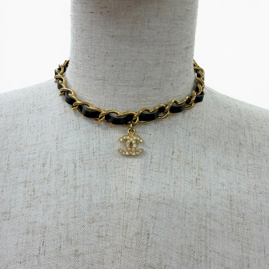 美品☆CHANEL シャネル ヴィンテージ 96P レザー使 ココマーク ラインストーン チェーンベルト チョーカー ネックレス ゴールド ブラック