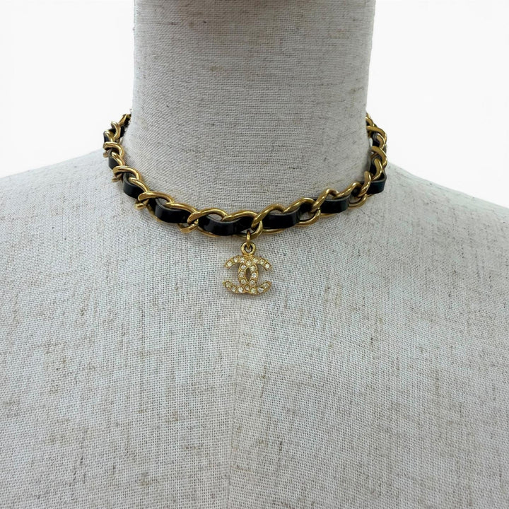 美品☆CHANEL シャネル ヴィンテージ 96P レザー使 ココマーク ラインストーン チェーンベルト チョーカー ネックレス ゴールド ブラック