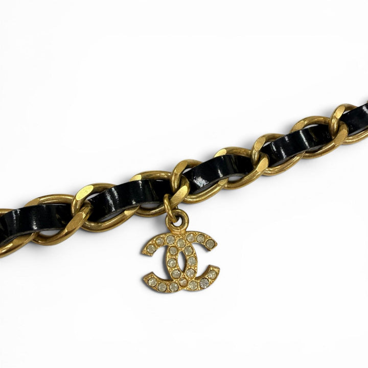 美品☆CHANEL シャネル ヴィンテージ 96P レザー使 ココマーク ラインストーン チェーンベルト チョーカー ネックレス ゴールド ブラック