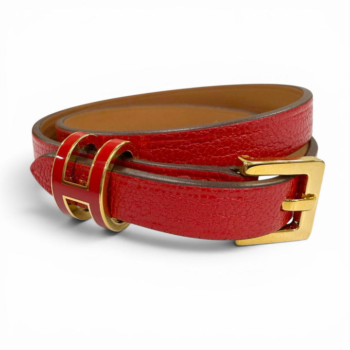 極美品☆HERMES エルメス ポップH ドゥブルトゥール レザー ゴールデンイエロー金具 ブレスレット レッド T2 K刻印 フランス製 箱・袋付