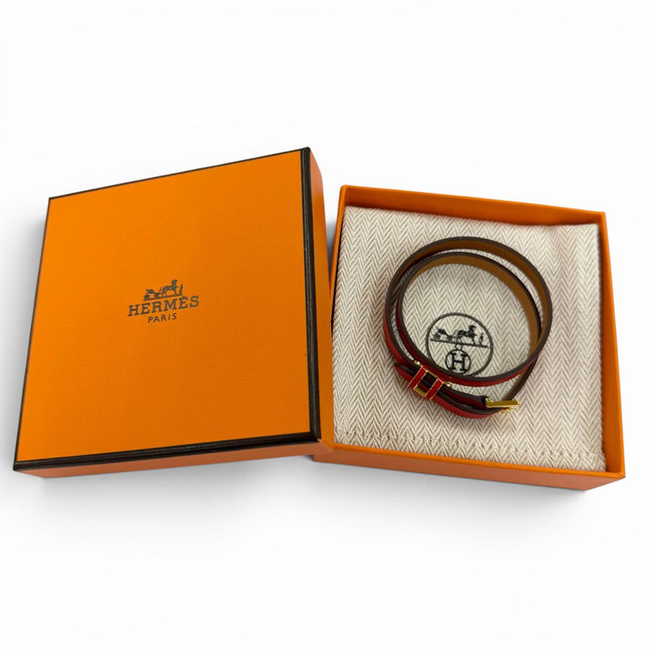 極美品☆HERMES エルメス ポップH ドゥブルトゥール レザー ゴールデンイエロー金具 ブレスレット レッド T2 K刻印 フランス製 箱・袋付