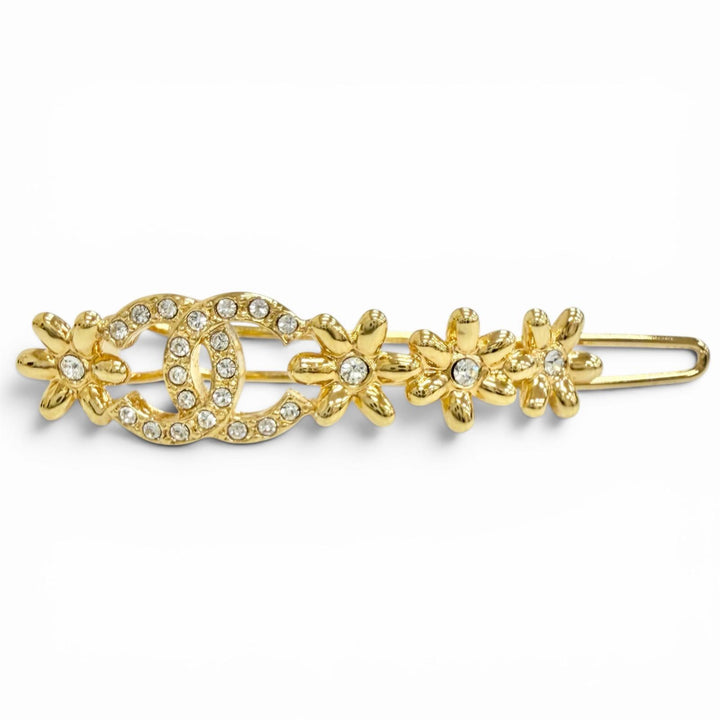 極美品△CHANEL シャネル I23A ココマーク フラワー ラインストーン バレッタ ヘアクリップ ヘアピン ヘアアクセサリー ゴールド 箱付き