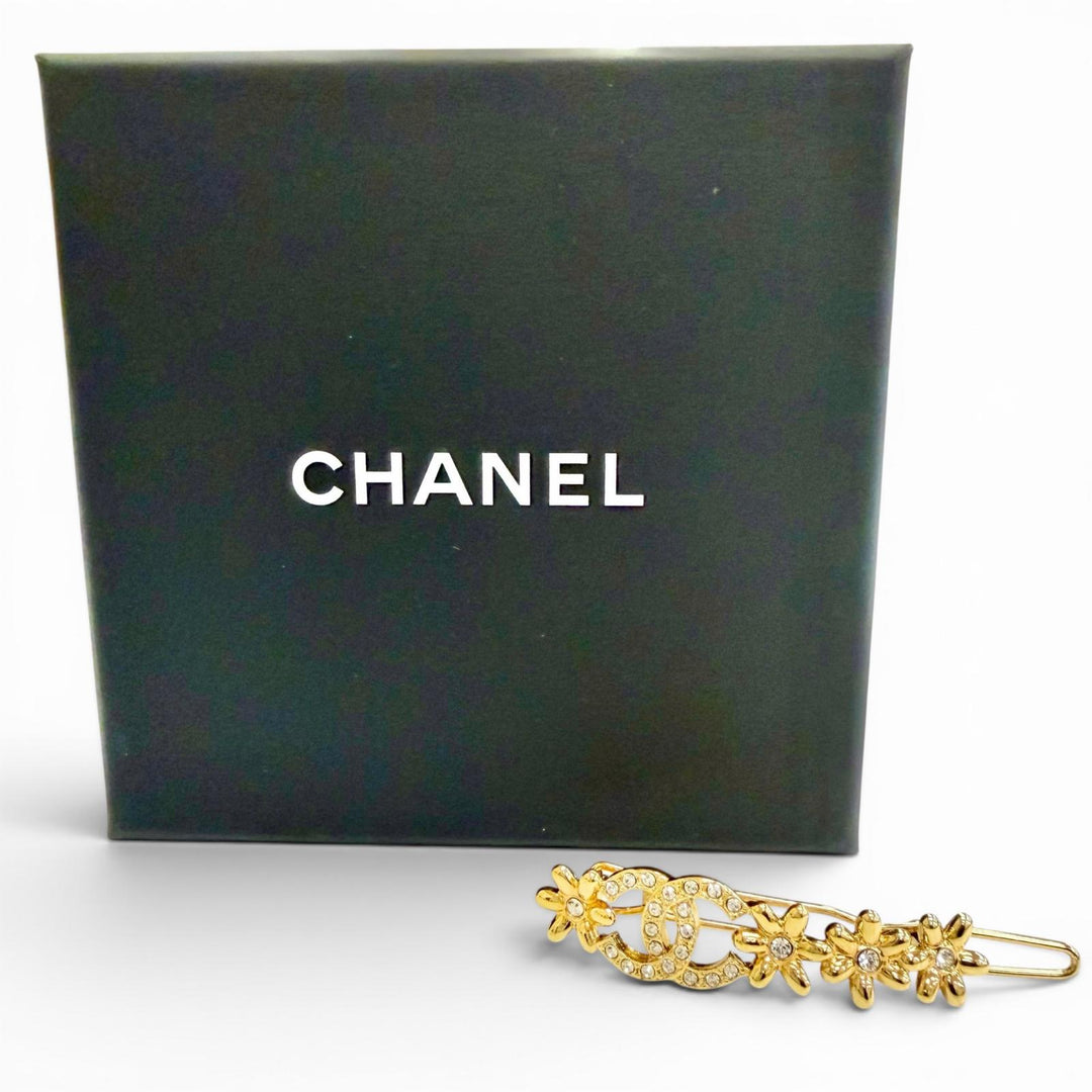 極美品△CHANEL シャネル I23A ココマーク フラワー ラインストーン バレッタ ヘアクリップ ヘアピン ヘアアクセサリー ゴールド 箱付き