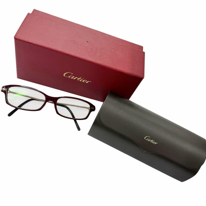 良品□Cartier カルティエ C ドゥ カルティエ スクエアフレーム メガネ 眼鏡 アイウェア ボルドー シルバー フランス製 メンズ 箱付き