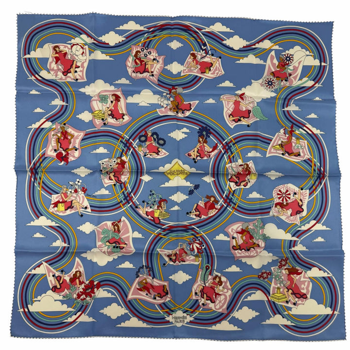 未使用品☆HERMES エルメス カレ70 Carres Volants 空飛ぶカレ シルク100％ ブルー/ミオソティス/ホワイト スカーフ フランス製 箱付き