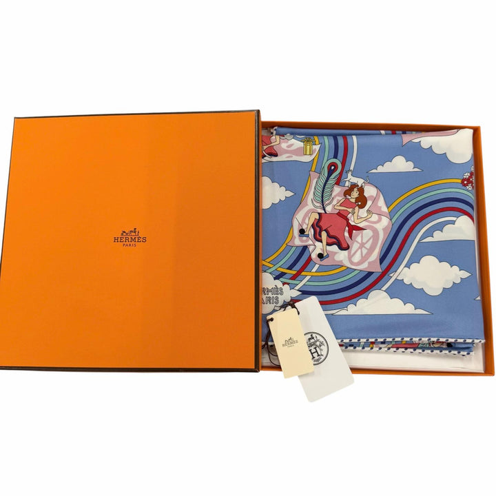 未使用品☆HERMES エルメス カレ70 Carres Volants 空飛ぶカレ シルク100％ ブルー/ミオソティス/ホワイト スカーフ フランス製 箱付き