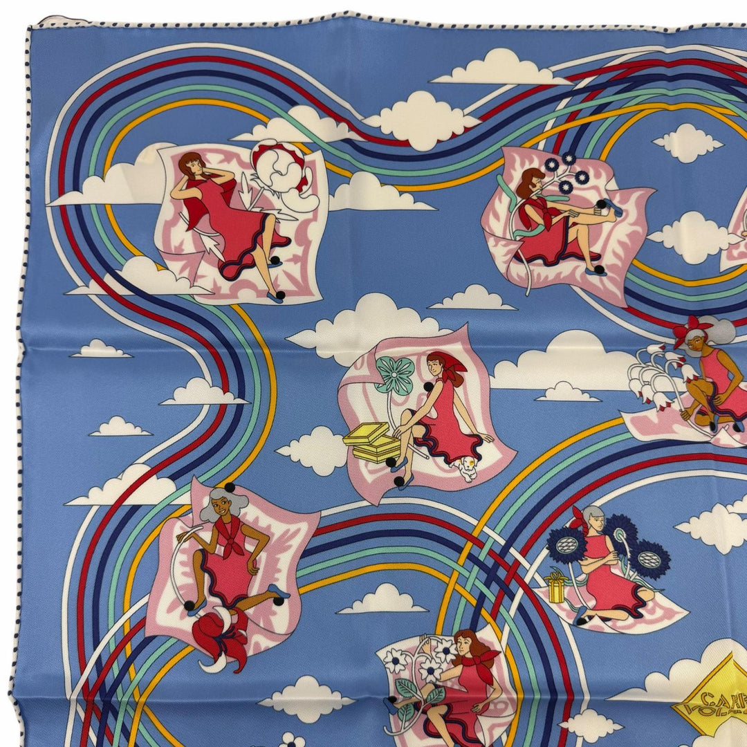 未使用品☆HERMES エルメス カレ70 Carres Volants 空飛ぶカレ シルク100％ ブルー/ミオソティス/ホワイト スカーフ フランス製 箱付き