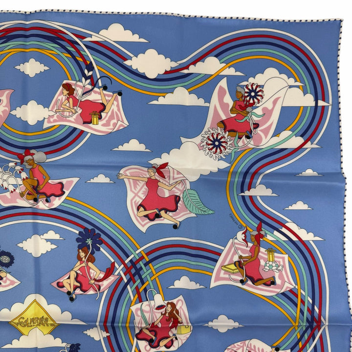未使用品☆HERMES エルメス カレ70 Carres Volants 空飛ぶカレ シルク100％ ブルー/ミオソティス/ホワイト スカーフ フランス製 箱付き