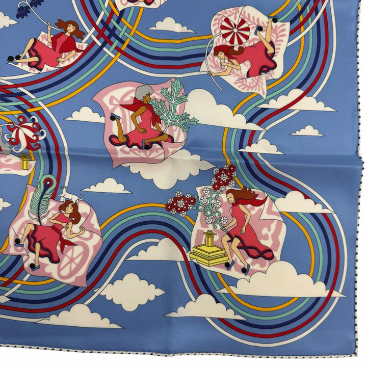 未使用品☆HERMES エルメス カレ70 Carres Volants 空飛ぶカレ シルク100％ ブルー/ミオソティス/ホワイト スカーフ フランス製 箱付き