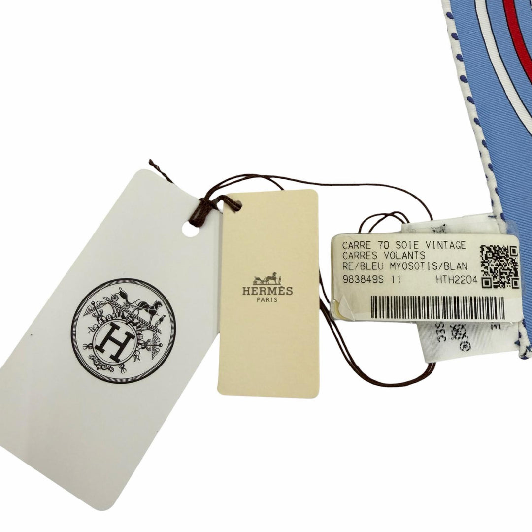 未使用品☆HERMES エルメス カレ70 Carres Volants 空飛ぶカレ シルク100％ ブルー/ミオソティス/ホワイト スカーフ フランス製 箱付き