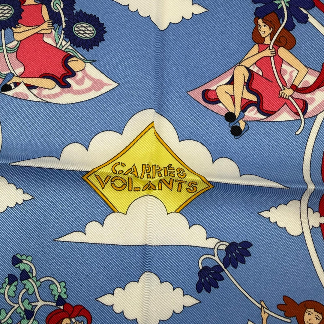 未使用品☆HERMES エルメス カレ70 Carres Volants 空飛ぶカレ シルク100％ ブルー/ミオソティス/ホワイト スカーフ フランス製 箱付き