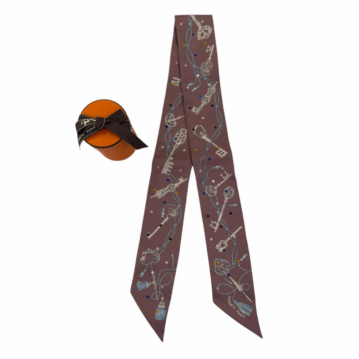 極美品☆HERMES エルメス ツイリー Les Cles a Pois レクレアポア シルク100％ マロン/グレース/グリ スカーフ フランス製 箱付き