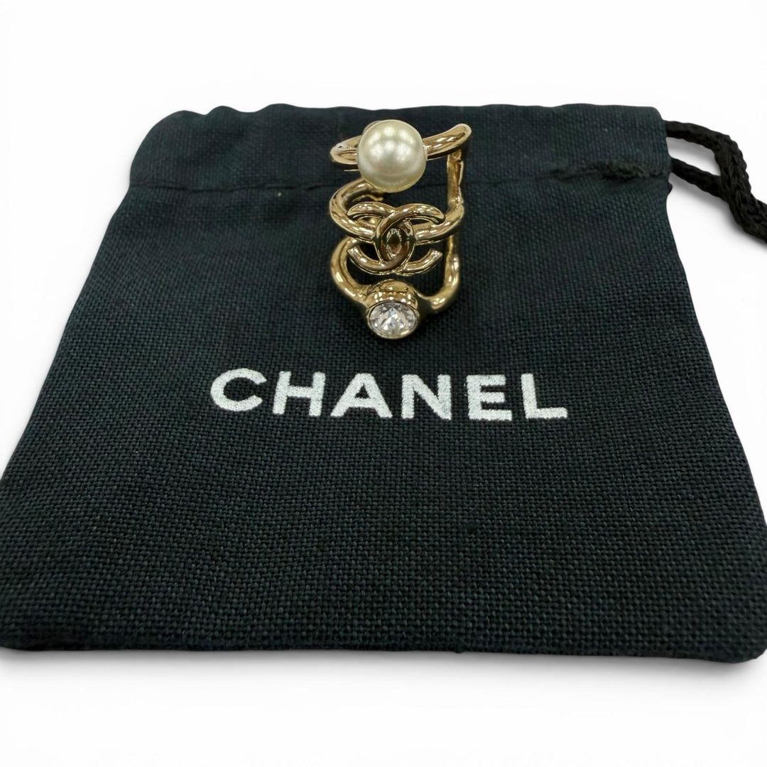 極美品☆CHANEL シャネル B22C ココマーク フェイクパール・ラインストーン 3連 イヤーカフ イヤリング ゴールド イタリア製 保存袋付き