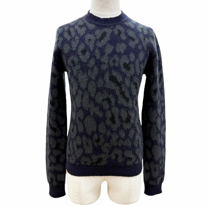 美品◇RAF SIMONS ラフシモンズ 14AW レオパード柄 モヘア ロングスリーブ 長袖ニット セーター ネイビー グリーン XS イタリア製 メンズ