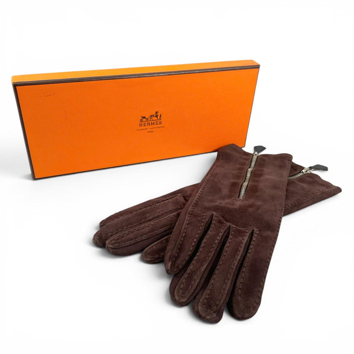 美品▲HERMES エルメス トナカイ革 シルバー金具 スウェードレザー グローブ 手袋 ダークブラウン 7 フランス製 レディース 箱付き