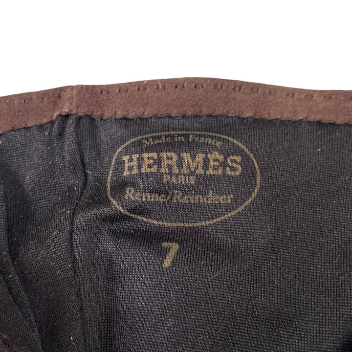 美品▲HERMES エルメス トナカイ革 シルバー金具 スウェードレザー グローブ 手袋 ダークブラウン 7 フランス製 レディース 箱付き