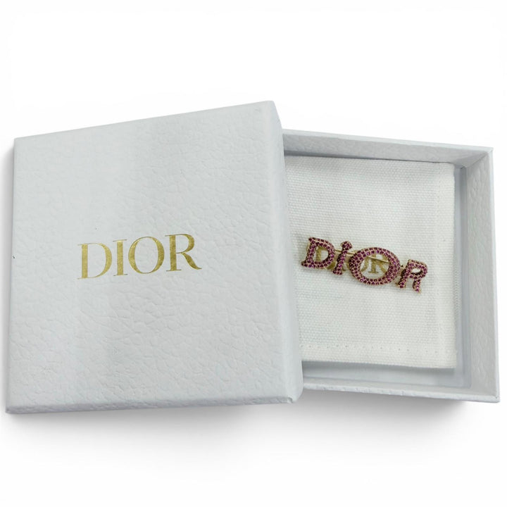 極美品☆DIOR ディオール ロゴ ラインストーン ブローチ アクセサリー ピンク ゴールド金具 レディース 箱・保存袋付き