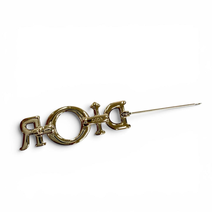 極美品☆DIOR ディオール ロゴ ラインストーン ブローチ アクセサリー ピンク ゴールド金具 レディース 箱・保存袋付き