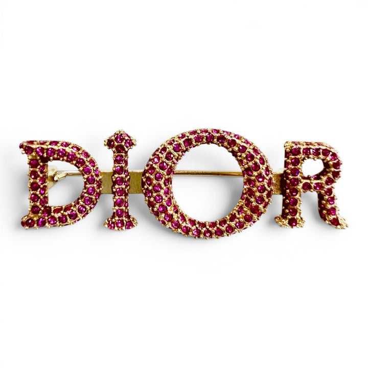 極美品☆DIOR ディオール ロゴ ラインストーン ブローチ アクセサリー ピンク ゴールド金具 レディース 箱・保存袋付き