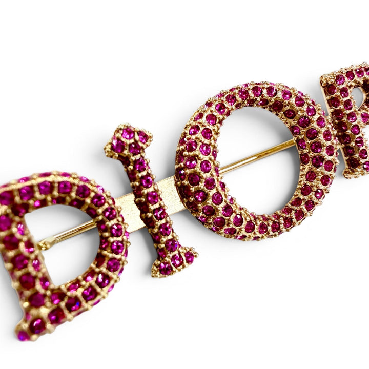 極美品☆DIOR ディオール ロゴ ラインストーン ブローチ アクセサリー ピンク ゴールド金具 レディース 箱・保存袋付き