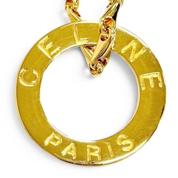 極美品△CELINE セリーヌ ヴィンテージ サークルロゴ デザインチェーン ネックレス ペンダント アクセサリー ゴールド 伊製 レディース