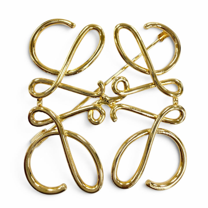 極美品☆LOEWE ロエベ メタル アナグラムロゴ アクセサリー 5×5cm ブローチ ゴールド レディース 箱・保存袋付き