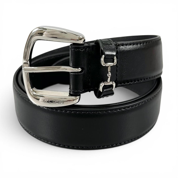 極美品▲GUCCI グッチ 700338 ホースビット ピンバックル レザー ベルト ブラック シルバー金具 80/32 イタリア製 レディース