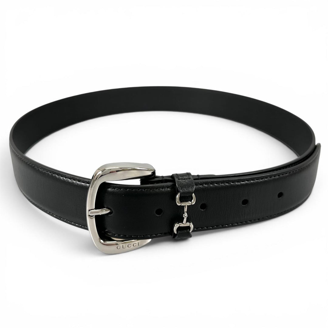 極美品▲GUCCI グッチ 700338 ホースビット ピンバックル レザー ベルト ブラック シルバー金具 80/32 イタリア製 レディース