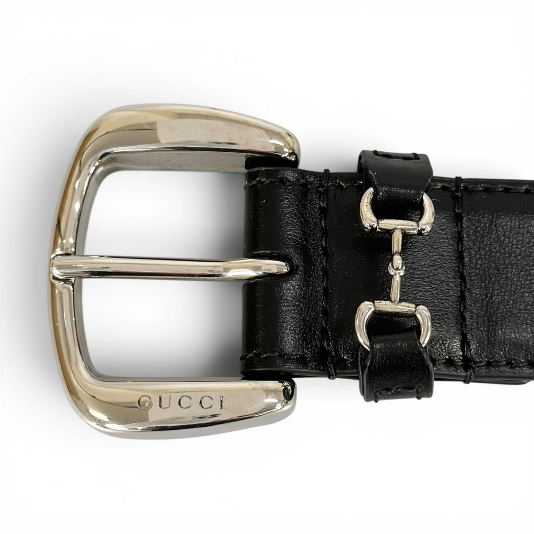 極美品▲GUCCI グッチ 700338 ホースビット ピンバックル レザー ベルト ブラック シルバー金具 80/32 イタリア製 レディース